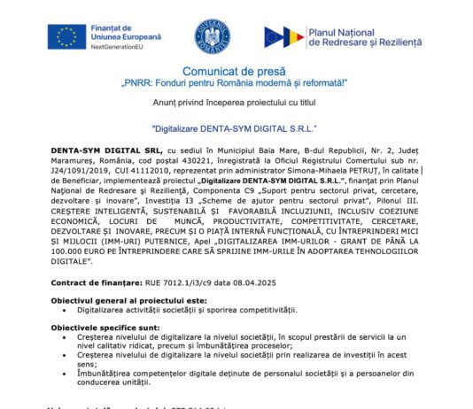 Comunicat de Presa PNRR : Digitalizare DENTA-SYM DIGITAL S.R.L.